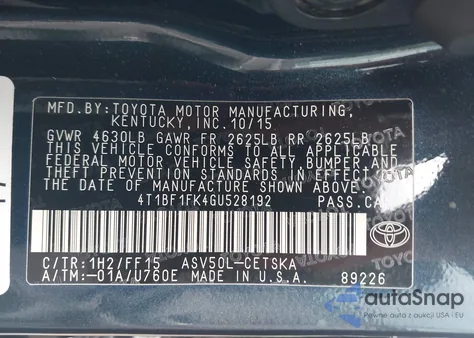 2016 Toyota Camry Le/Se/Xle/Xse from USA, damaged, VIN 4T1BF1FK4GU528192